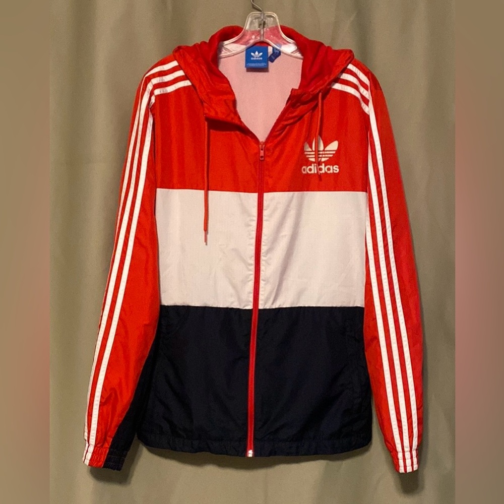 Adidas Mens  CLFN  Hooded Windbreaker Jacket Trefoil Red-Muti Color Mens M